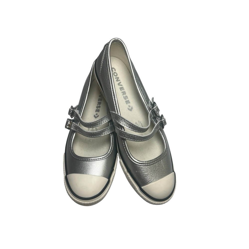 Converse All Star Dainty Mary Jane Strap Shoes - Silver Metallic Leather 6.5